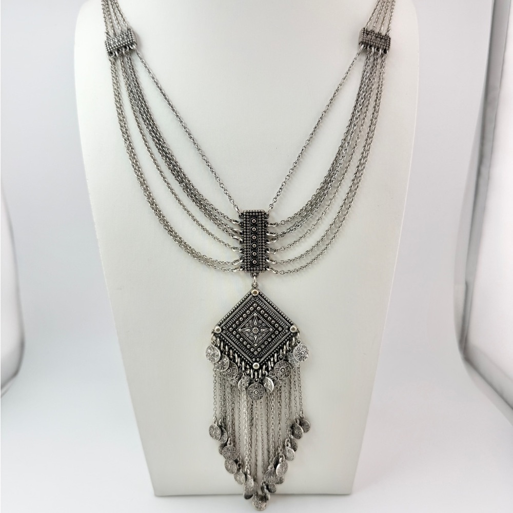 Silver Toned Bali Style Multi-Layer Long Statement Necklace